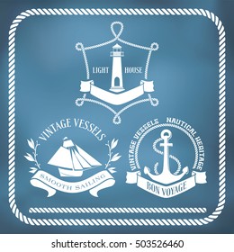 Nautical emblems  and signs with vessel, light house and anchor. Seamless rope border