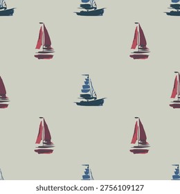 nautical fabric pattern, repeating sailboats, red and blue, minimalist