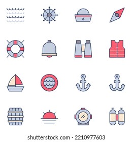 Nautical Filled Line Icon Set Vector