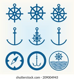 Nautical and fishing icons and design elements stock vector