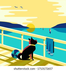 Nautical flat color vector poster. Blue sea scenic view. Dog waiting yacht sailing on blue water. Hand drawn cartoon retro style. Seaside vacation travel recreation on seashore background illustration