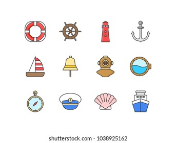 Nautical flat line colored icons set with life buoy ring, helm, lighthouse, anchor, boat, bell, diving helmet, porthole, compass, captain hat, seashell, ship.