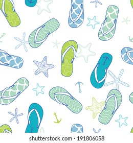 Nautical flip flops blue and green seamless pattern background