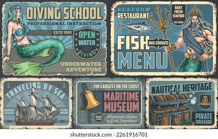 Folletos náuticos ambientes de color vintage para agencia de viajes y museo de reliquias de piratas marítimas o restaurante de marisco con ilustración de vectores de pescado