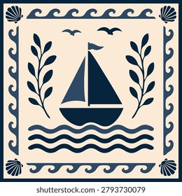 Nautical Folk Art Illustration Featuring Sailing Boat Ocean Waves Flying Seabirds Decorative Shell Border Coastal Botanical Elements And Maritime Ornament Inspired By Traditional Seaside Culture Charming Coastal Artwork For Beach House Decor Travel Branding Hospitality Design Restaurant Graphics Packaging Textile Prints Wallpaper Souvenir Products Tourism Promotion Ocean Lifestyle Collections Marine Heritage Projects Decorative Interior Concepts And Contemporary Folk Inspired Creative Applications