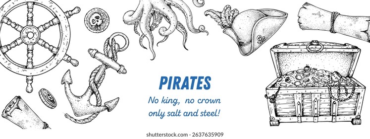 Nautical frame with pirate elements. Hand drawn vector illustration. Sea-inspired border design. Perfect for adventure maps, posters, and retro marine themes.