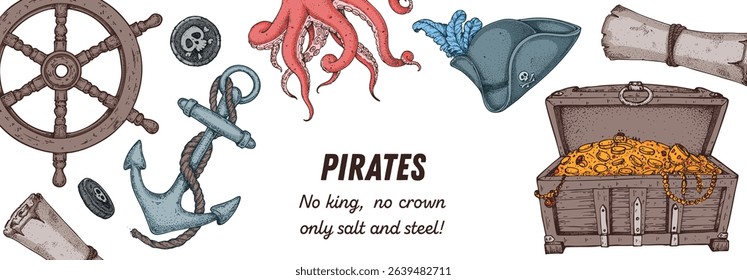 Nautical frame with pirate elements. Hand drawn vector illustration. Sea-inspired border design. Perfect for adventure maps, posters, and marine themes.