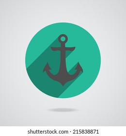 Nautical gray metal flat icon anchor illustration with long shadow isolated on white background. Vector seamless retro button with anchors silhouette. Logo concept. Web page element EPS10
