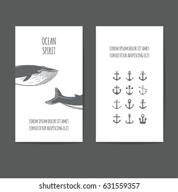 Nautical greeting cards with anchors and whales.