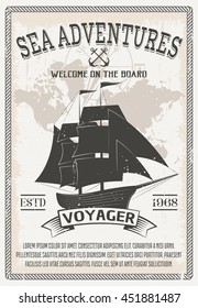 Nautical grey poster with headline sea adventures welcome on the board and large black ship vector illustration