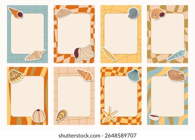 Nautical groovy notes, frames or cards with empty space for text, decorated with seashell and starfish sticker in cartoon flat style. Fun beach-themed design for summer, kids, and stationery use.