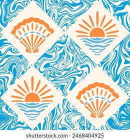 Patrón sin fisuras de Vector magnífico náutico. Conchas de vieira y puesta de sol del mar sobre fondo azul psicodélico ondulado. Diseño costero de verano para trajes de baño, decoración del hogar. Remolinos retro de los años 70. Textura de mármol líquido