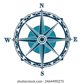 Nautical guidance compass for ocean and sea navigation, blue shades, with start and ornaments