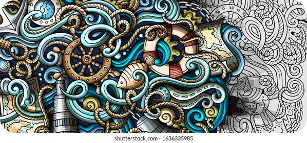 Nautical hand drawn doodle banner. Cartoon detailed flyer. Marine identity with objects and symbols. Color vector design elements background