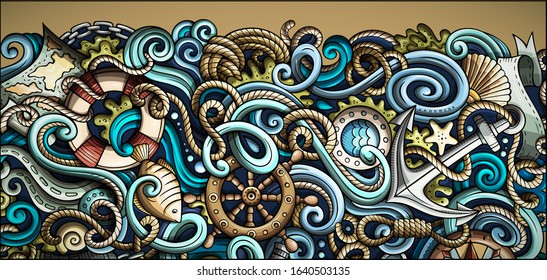 Nautical hand drawn doodle banner. Cartoon detailed flyer. Marine identity with objects and symbols. Color vector design elements background