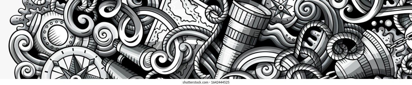 Nautical hand drawn doodle banner. Cartoon detailed flyer. Marine identity with objects and symbols. Monochrome vector design elements background