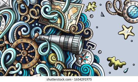 Nautical hand drawn doodle banner. Cartoon detailed flyer. Marine identity with objects and symbols. Color vector design elements background