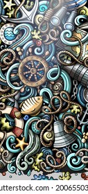 Nautical hand drawn doodle banner. Cartoon vector detailed flyer. Illustration with marine objects and symbols. Colorful vertical background