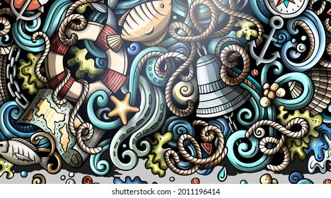 Nautical hand drawn doodle banner. Cartoon vector detailed flyer. Illustration with marine objects and symbols. Colorful horizontal background