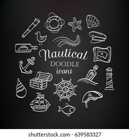 Nautical hand drawn doodle icons set on the chalkboard background. Sea icons collection.
