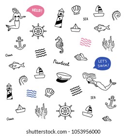 Nautical hand drawn doodle pattern, print with mermaid, lighthouse, seashell, boat, tentacle, ship wheel, captain hat icons.
