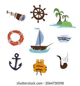 nautical hand drawn flat vector illustration set. Seaside life marine theme objects