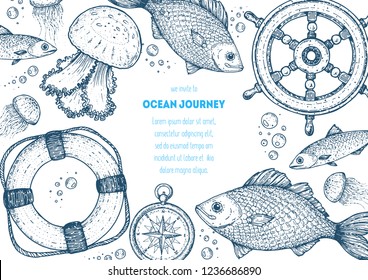 Nautical hand drawn set. Vintage vector illustration. Marine and nautical sketch . Sea collection.
