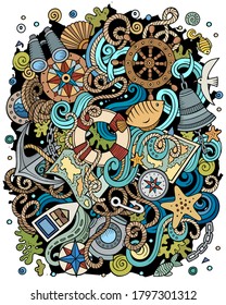 Nautical hand drawn vector doodles illustration. Poster design. Marine elements and objects cartoon background. Bright colors funny picture