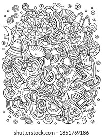 Nautical hand drawn vector doodles illustration. Poster design. Marine elements and objects cartoon background. Sketchy funny picture