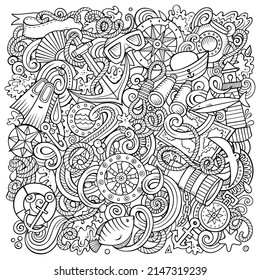 Nautical hand drawn vector doodles illustration. Marine elements and objects cartoon background. Sketchy funny picture