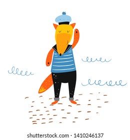 Nautical hand drawn vector illustration for kids. Fox - sailor dressed in a sailor's striped vest. Cute funny animals. Cartoon flat sea background. 