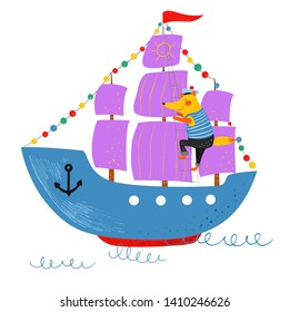 Nautical hand drawn vector illustration for kids. Sailboat and fox - sailor. The fox goes up the rope ladder. Cute funny animals. Cartoon flat sea background. 