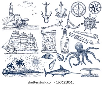 Nautical hand drawn vector set. Sailing sketch. Vector marine objects. Isolated on a white background.