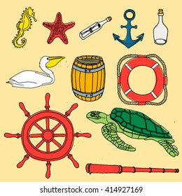 Nautical hand drawn vector set. Hand drawn sea sketch doodle set. Ocean cartoon animals and objects. Yellow seahourse. Red carpetle whith a message. Red carpet anchor. Bottle of rum. Pelican. Barrel.