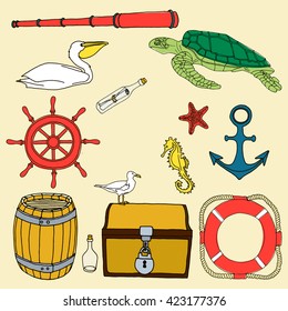 Nautical hand drawn vector set. Hand drawn sea sketch doodle set. Ocean cartoon animals and objects. Yellow seahorse.  Anchor. Bottle of rum. Pelican. Barrel. Starfish. Chest lock. Gull. Telescope.