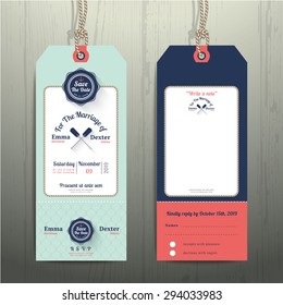 Nautical hanging tag wedding invitation and RSVP card  with fishnet rope design on wood background