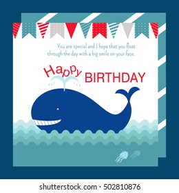 Nautical happy birthday card design with whale