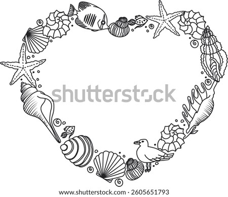 Nautical heart shape crafted with intricate marine elements in doodle style. Marine-themed frame featuring seashells, starfish, and sea creatures in a whimsical border. Cartoon vector illustration.