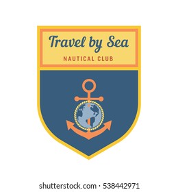 Nautical heraldic emblem. Vector marine icon. Travel by sea badge element. Freehand drawn sailboat symbol. Stylized globe, anchor, rope sign. Sailing club advertisement label background, logo template