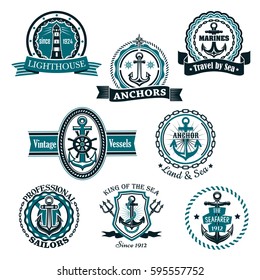 Nautical heraldic or marine vector icons. Emblems and heraldry badges of lighthouse or beacon light, shop anchor and helm, sailor compass and trident with shields, ribbons and stars