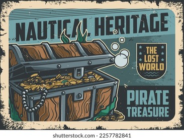 Nautical heritage colorful vintage poster sunken chest with pirate treasures and gold coins on seabed vector illustration