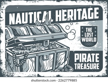 Nautical heritage flyer vintage monochrome treasure chest from pirate ship at bottom ocean to advertise tourist sea excursions vector illustration