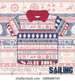 Nautical heritage ocean sailing spirit vector yachting elements with polo shirt template and seamless pattern background