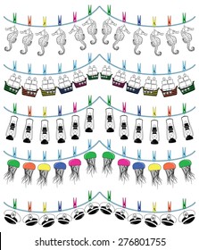 Nautical holiday bunting including  seahorse, captains hat with rudder, jellyfish, ship, nautical lamp 