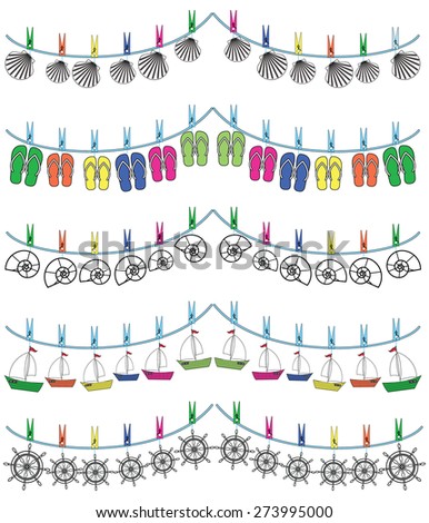 Nautical holiday bunting with seashells, flip flops, rudders, boats
