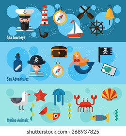Nautical horizontal banners set with sea adventures and marine animals elements isolated vector illustration