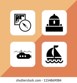 nautical icon. 4 nautical set with bunker, submarine, sailboat and map and compass orientation tools vector icons for web and mobile app