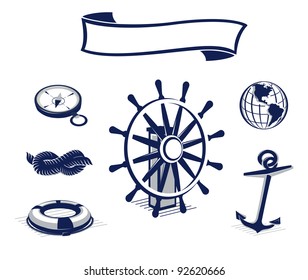 Nautical icon blue set