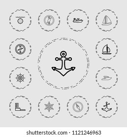 Nautical icon. collection of 13 nautical outline icons such as compass, anchor, harbor, sailboat, helm, water military. editable nautical icons for web and mobile.