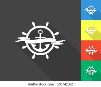 nautical icon - gray and colored (blue, yellow, red, green) vector illustration with long shadow